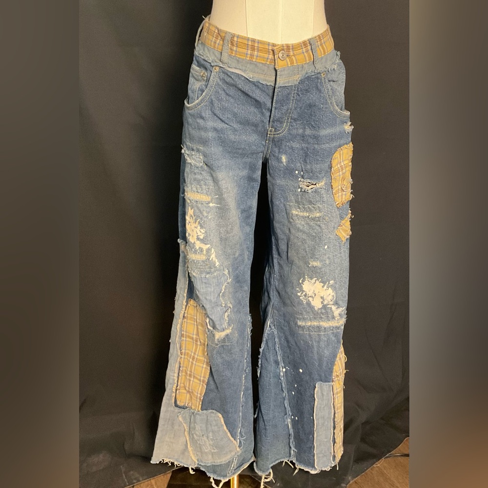Free People Blue Denim Flare Jeans with Yellow Plaid Patchwork